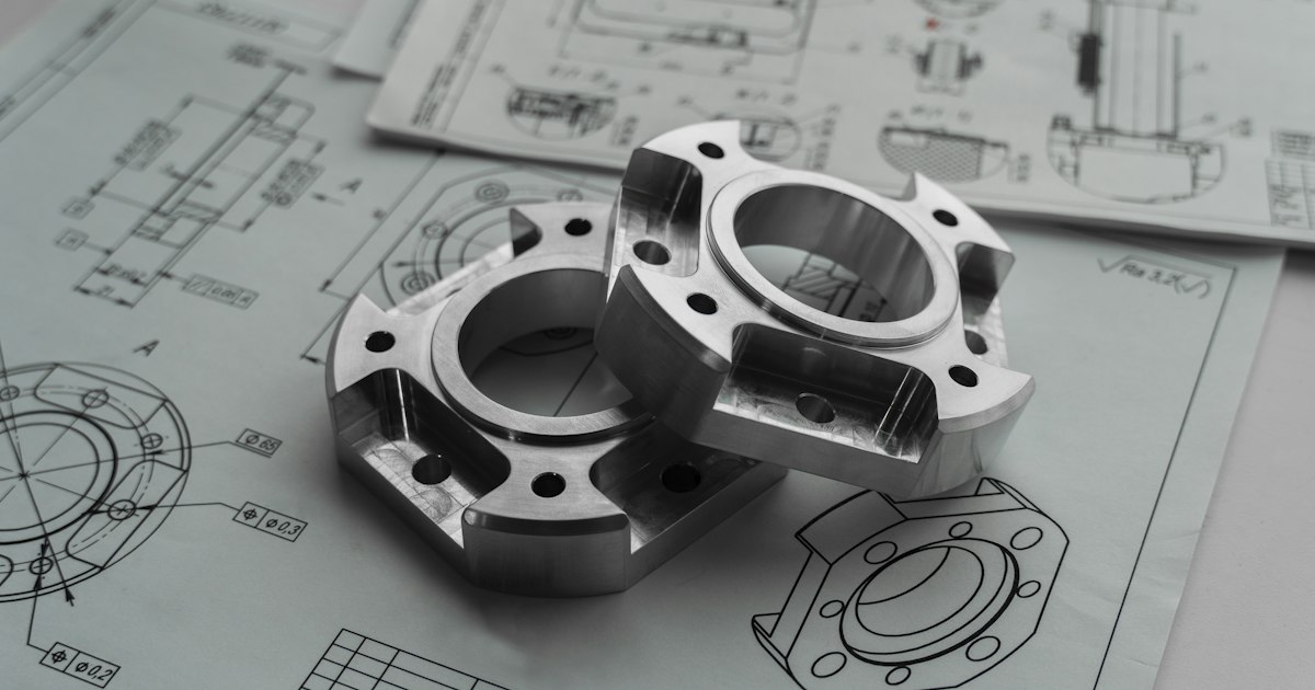 Machined aluminum parts resting on engineering drawings